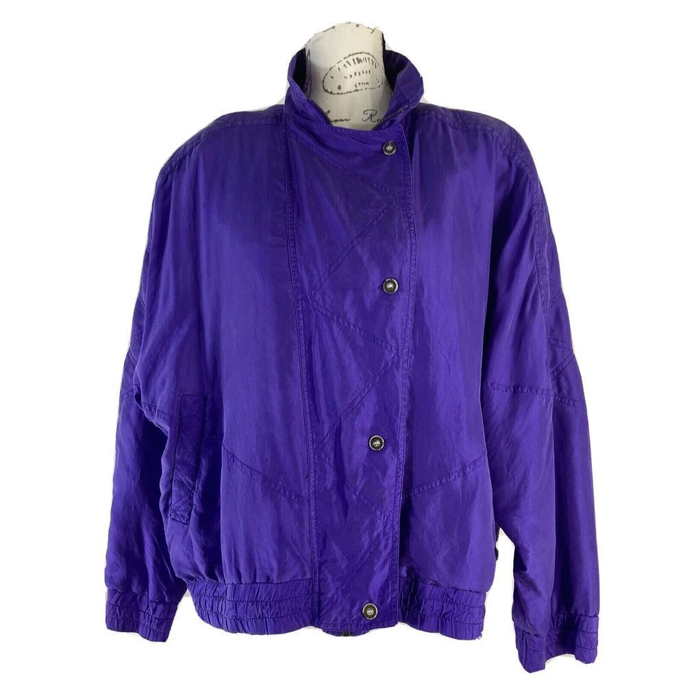 Retro Otello Pelle Jacket Women MED 80s 90s‎ Purple 100% Silk Zip Button